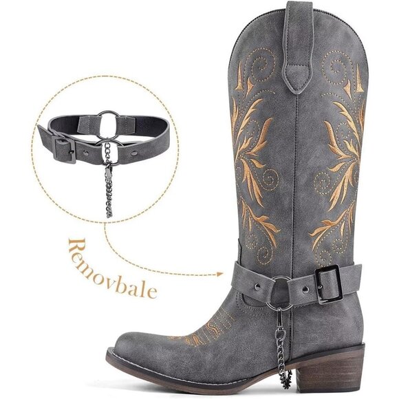 Women's Embroidered Gray Removable Belt Low Block Heel Round Western Boots - Picture 2 of 6